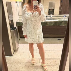 H&M White Long Sleeve Dress with Blue Floral Pattern